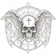 Skull facing towartds With A christian Cross On Forehead With Angelic Wings Spread widely tattoo design idea
