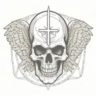 Skull facing towartds With A christian Cross On Forehead With Angelic Wings Spread widely tattoo design idea