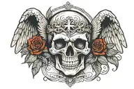 Skull With A Cross On Forehead With Angelic Wings Spread evenely. Skull in the middle facing towards. Without flowers tattoo design idea