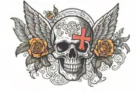 Skull With A Cross On Forehead With Angelic Wings Spread evenely. Skull in the middle facing towards. Without flowers tattoo design idea