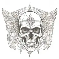 Skull facing towartds With A christian Cross On Forehead With Angelic Wings Spread tattoo design idea