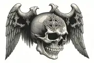 Skull facing towartds With A celtic Cross On Forehead With Angelic Wings Spread wide. With light out of eyes mouth tattoo design idea