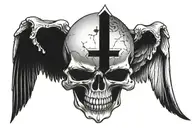 Skull facing towartds With A celtic Cross On Forehead With Angelic Wings Spread wide. With light out of eyes mouth tattoo design idea