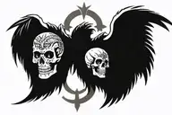 Skull facing towartds With A christian Cross On Forehead With Angelic Wings Spread wide. With light out of eyes mouth tattoo design idea