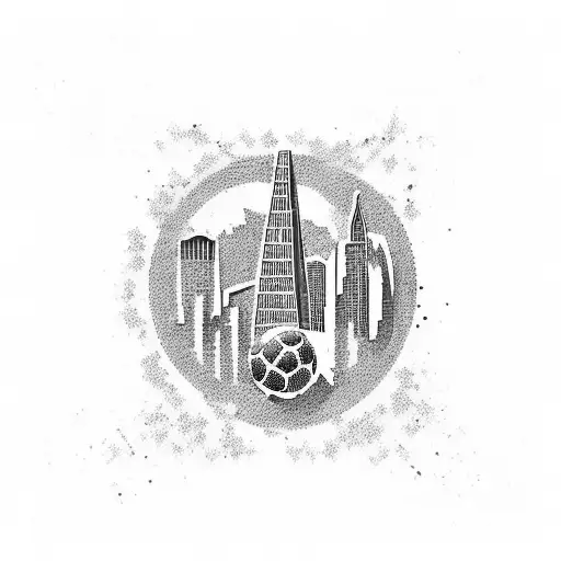 Design a dotwork tattoo of the San Francisco skyline, with a soccer ball placed in the foreground and the words 'Scarface' and 'Bosnia' incorporated into the design tattoo design idea