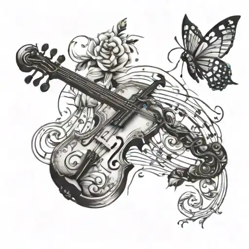 aeroplane music notes flowing from a African themed violin tattoo design idea