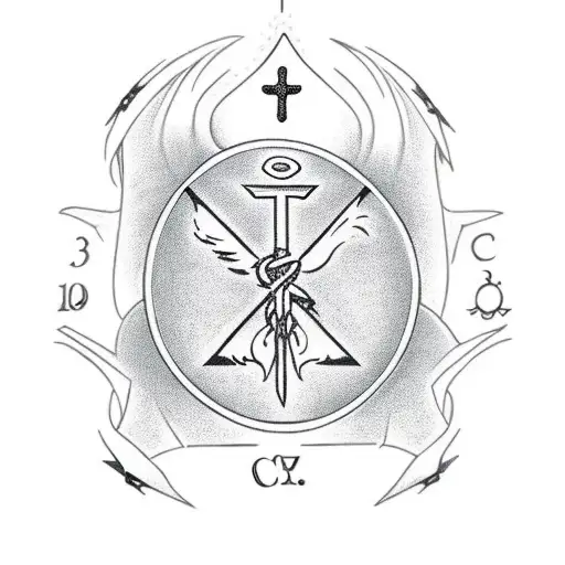 Chi-Rho symbol, with a tent and a campfire and the number 3511 tattoo design idea