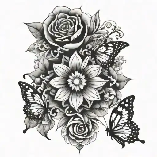 A kaleidoscope of LSD-inspired flowers and butterflies tattoo design idea