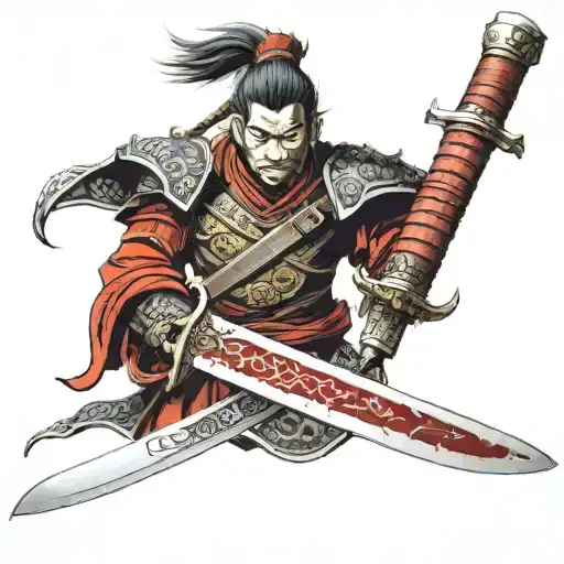 a red handled samurai sword with the initials KS, FS , BZ, JZ KS carved into the blade with blood on the tip  tattoo design idea