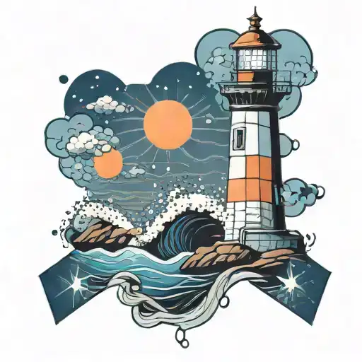 Lighthouse near ocean, lighting, Porto blue and orange mosaic tattoo design idea
