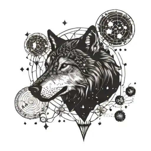 A surreal blackwork design featuring a cosmic wolf surrounded by galaxies and constellations tattoo design idea