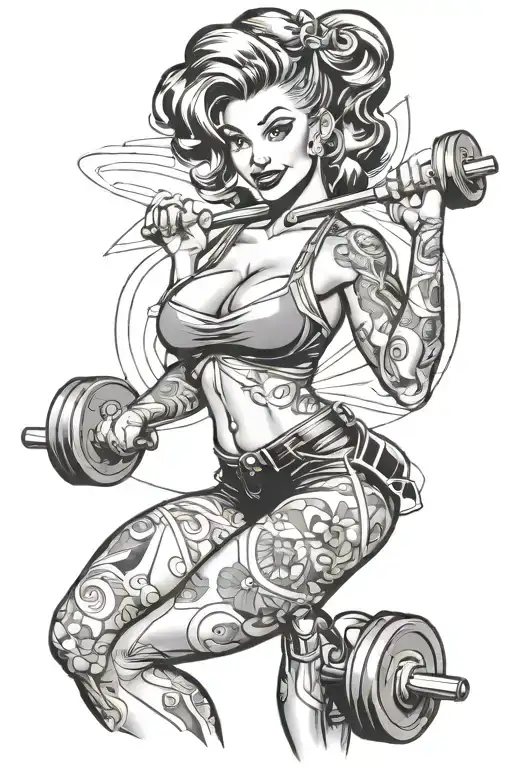 pin up style lady lifting weights tattoo design idea