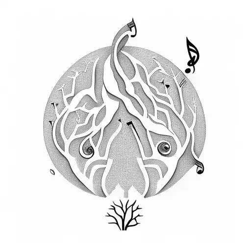 A musical note transforming into a tree with philosophical quotes carved into its bark tattoo design idea