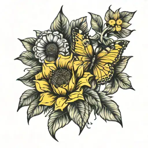 buttery and sunflower mix tattoo design idea