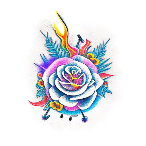 A new-school interpretation of a surgical tool surrounded by flames and flowers tattoo design idea
