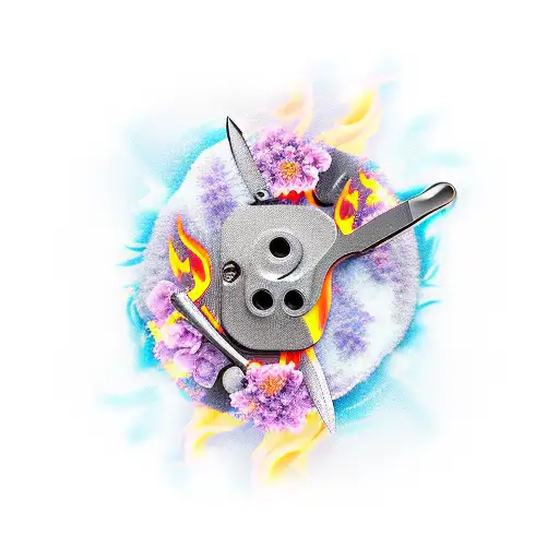 A new-school interpretation of a surgical tool surrounded by flames and flowers tattoo design idea