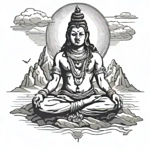 A minimalist design of Lord Shiva meditating on a hilltop, symbolizing spirituality and travel tattoo design idea
