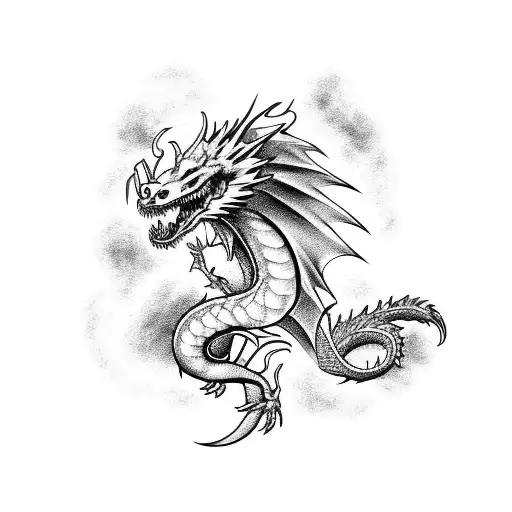A fierce dragon soaring through a cloudy sky tattoo design idea