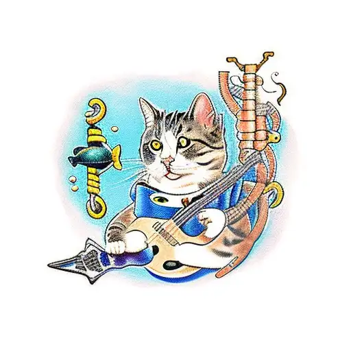 Underwater scene with a guitar-playing cat surrounded by diving gear tattoo design idea