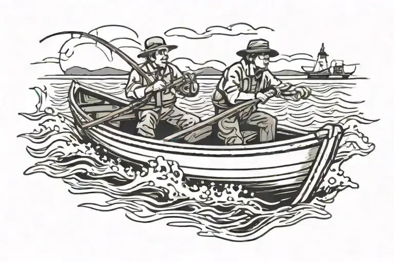 man fishing on a rough waters in a row boat  tattoo design idea