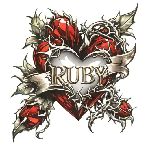 Crystal Deep Red Heart, The word "Ruby" in gold underneath, intricate silver thorns twisting around. tattoo design idea