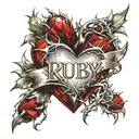 Crystal Deep Red Heart, The word "Ruby" in gold underneath, intricate silver thorns twisting around. tattoo design idea