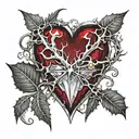 Crystal Deep Red Heart, The word "Ruby" in gold underneath, intricate silver thorns twisting around. tattoo design idea