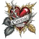 Crystal Deep Red Heart, The word "Ruby" in gold underneath, intricate silver thorns twisting around. tattoo design idea