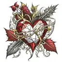 Crystal Deep Red Heart, The word "Ruby" in gold underneath, intricate silver thorns twisting around. tattoo design idea