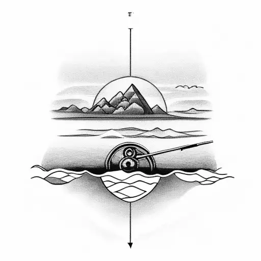 A black and grey tattoo depicting a serene lake at sunset, with a fishing rod and a compass placed on the shore, capturing the peacefulness of the moment. tattoo design idea