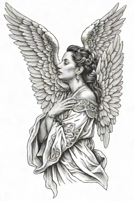 Spanish model praying with Angel wings tattoo design idea