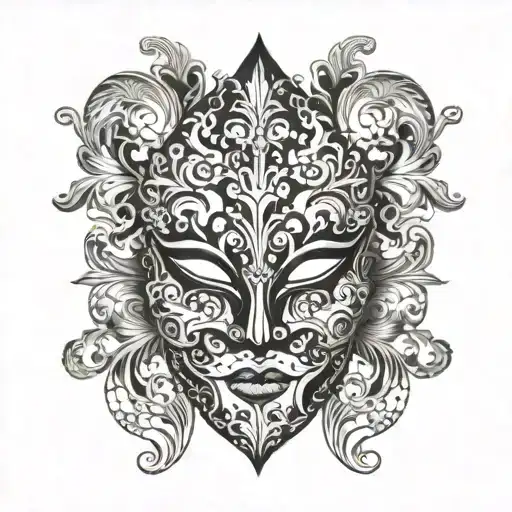 A Venetian mask adorned with intricate floral patterns and musical notes tattoo design idea