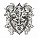 A Venetian mask adorned with intricate floral patterns and musical notes tattoo design idea