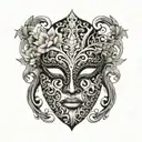 A Venetian mask adorned with intricate floral patterns and musical notes tattoo design idea