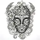 A Venetian mask adorned with intricate floral patterns and musical notes tattoo design idea