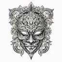 A Venetian mask adorned with intricate floral patterns and musical notes tattoo design idea