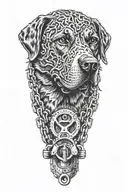 A black-grey tattoo of a detailed bike chain forming the shape of a dog's face, showcasing the client's love for cycling and their furry companion tattoo design idea