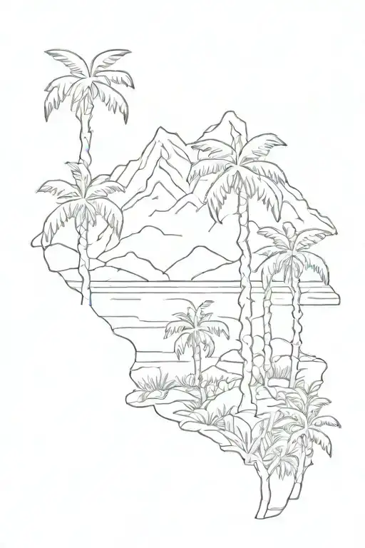 outline of palm trees and mountains inside tattoo design idea