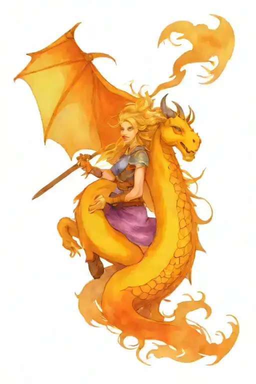 Viking shield maiden with braids riding into battle on a fierce dragon tattoo design idea
