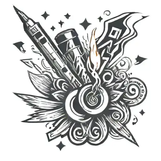 A tattoo design featuring a firecracker exploding into music notes and flames, symbolizing passion and energy tattoo design idea