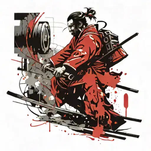 An abstract representation of the balance between the strength of a samurai and the tranquility of an onsen tattoo design idea