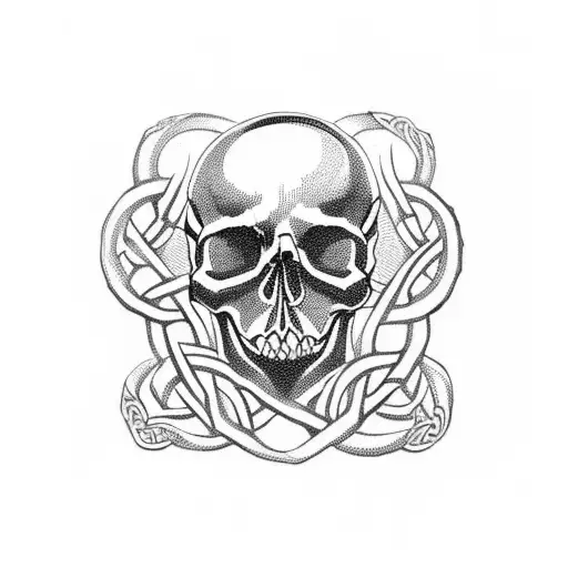 A skull with intricate Celtic knotwork designs intertwined throughout tattoo design idea