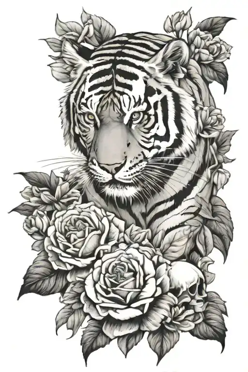 tiger climbing with flowers and a skull made tattoo design idea