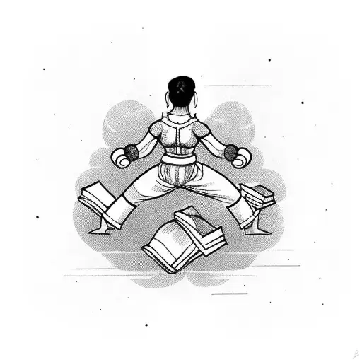 A fierce muay thai fighter surrounded by floating books tattoo design idea