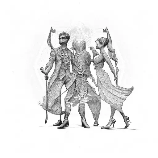 A lawyer's scales of justice intertwined with dancing silhouettes tattoo design idea