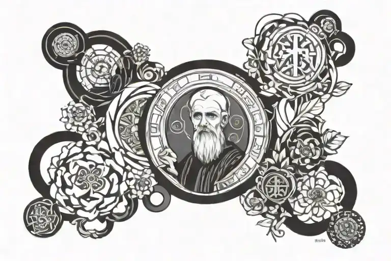 saint Benedict symboled surrounded tattoo design idea