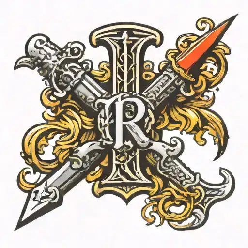 The letter R in old English font with swords crossing behind it tattoo design idea
