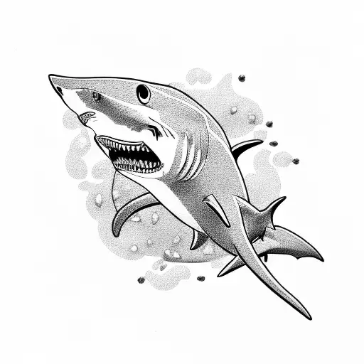 A shark with gold coins and air bubbles with sharp teeth coming out of the gills tattoo design idea