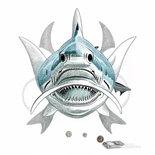 A shark with gold coins and air bubbles with sharp teeth coming out of the gills tattoo design idea