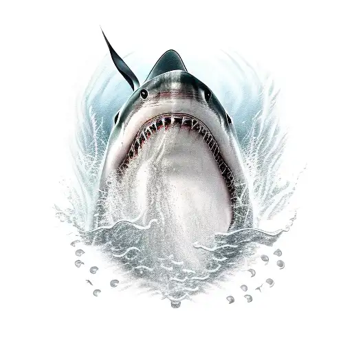 A white shark in profile, whose gold coins fly from the gills and has blood on its teeth tattoo design idea